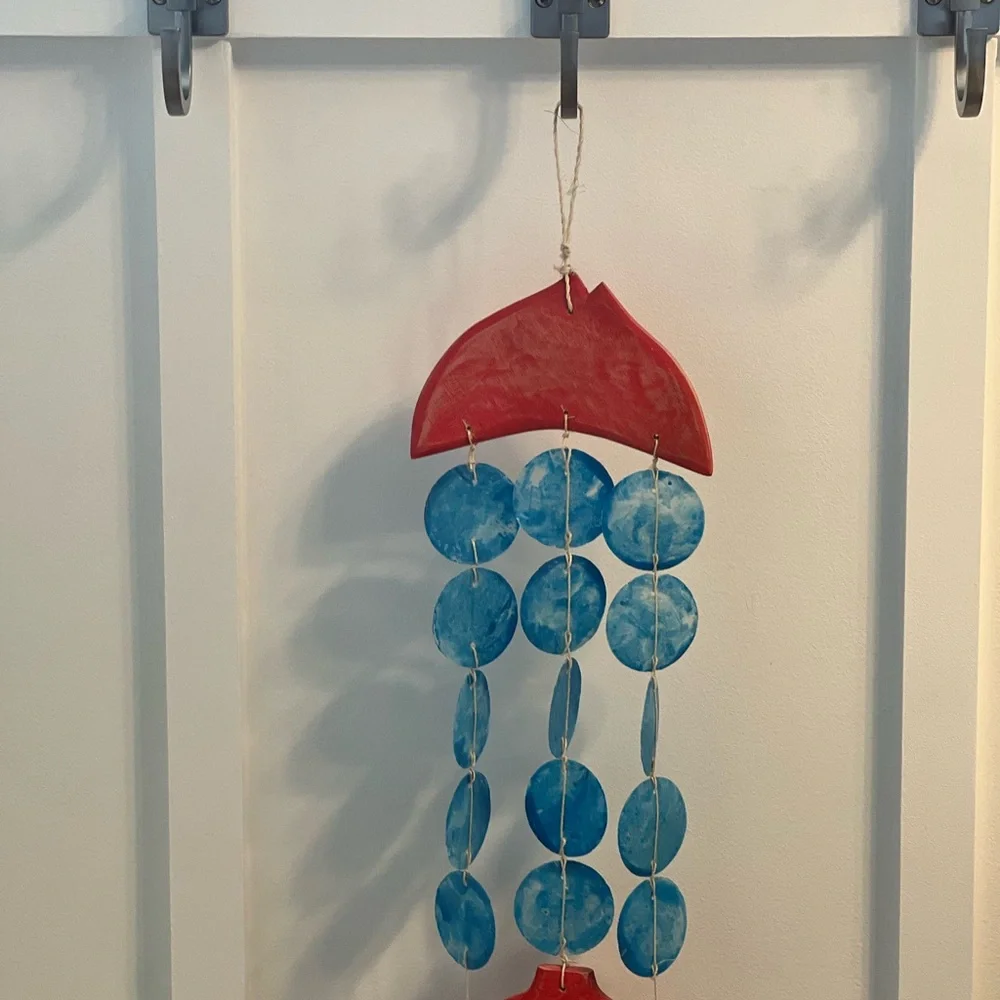 Coastal Fish Wall Hanging Decor- Nautical Capiz Mobile Red and Blue